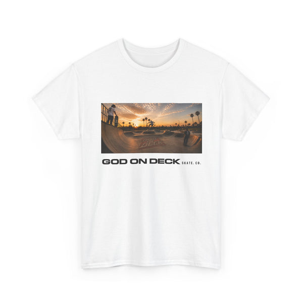 God on Deck Skate Tee — Sunset Skatepark Graphic T‑Shirt